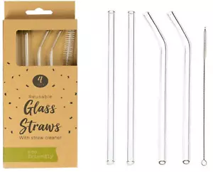 Eco Friendly 4 Pack GLASS Drinking Straws Cleaning Brush Party Use Shake Straw - Picture 1 of 9