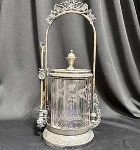 Wilcox Silver Plate Co Pickle Castor Jar with Stand and Tongs #4615 (W) - Picture 1 of 20