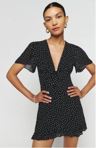 Reformation Mya Mini Dress Black And White Polka Dot Deep Plunge Women’s Size 6 - Picture 1 of 6