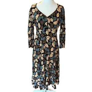 Vestido Boden Mujer Talla 12L Azul Marrón Tostado ALine Mangas 3/4 Floral Cuello Boho - Imagen 1 de 10