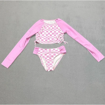 Conjunto de bikini de 2 piezas para niñas Roxy traje de baño 10 rosas a cuadros manga larga protector contra erupciones Foto 1 de 4