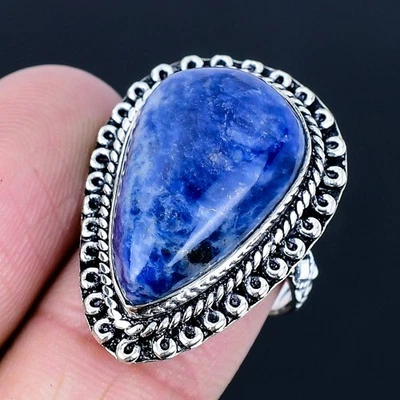 Anillo hecho a mano de sodalita enchapado en plata 925 talla 7 de EE. UU. Foto 1 de 3