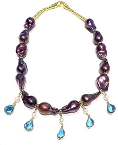Collana diWa Jewels Perle Viola Barocche Choker Charms Cristalli Gocce Azzurre - Foto 1 di 8