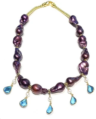Collana diWa Jewels Perle Viola Barocche Choker Charms Cristalli Gocce Azzurre - Immagine 1 di 4