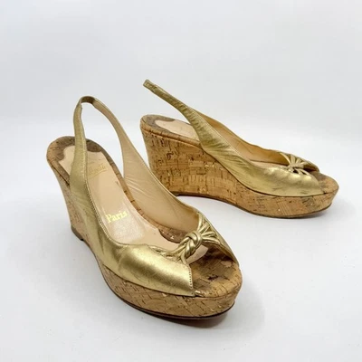 CHRISTIAN LOUBOUTIN Fondo Rojo Dorado Eslinga Punta abierta Corcho Plataforma Cuñas-38 Foto 1 de 4
