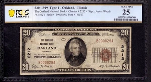 1929 $20 OAKLAND NATIONAL BANK NOTE CURRENCY  ILLINIOS PCGS B VF 25 - Picture 1 of 4