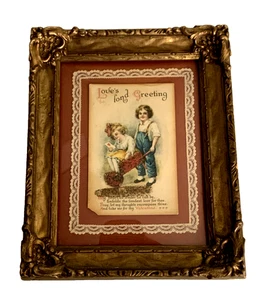 Vintage Ornate Gold Wood Framed Victorian Valentine Day Card Convex Glass - Picture 1 of 17