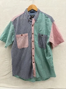 Chaps Vintage Sz Large Cotton Seersucker Striped Short Sleeve Button Down Shirt - Picture 1 of 5