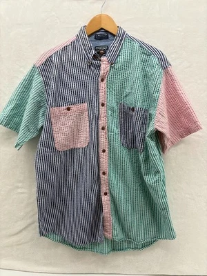 Chaps Vintage Sz Large Cotton Seersucker Striped Short Sleeve Button Down Shirt - Image 1 of 4