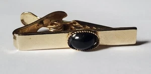 Vintage Brushed Gold Tone Black Rhinestone Tie Bar Clip Clasp Unsigned Estate - Picture 1 of 4