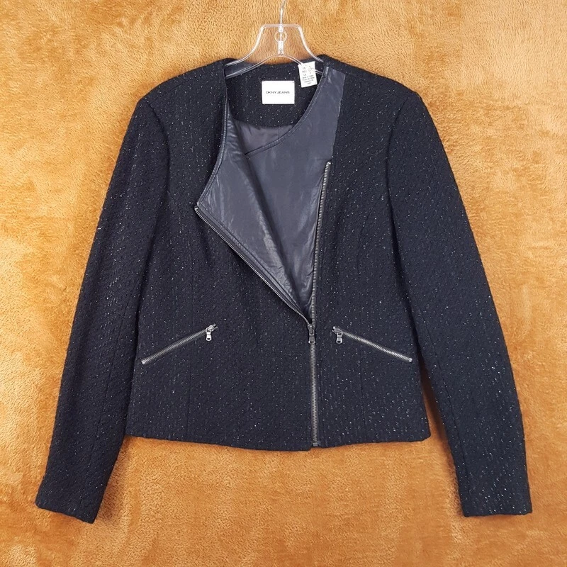 Chaqueta DKNY Mujer Pequeña Negra Moto Mezcla Lana Plateada Brillante Cremallera Elegante Foto 1 de 4