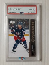 2021 Upper Deck #498 Cole Sillinger PSA 10 Gem Mint Young Guns RC Blue Jackets 