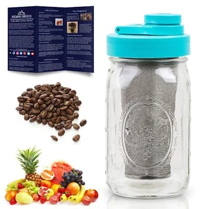Cold Brew Coffee Maker Kit: Wide Mouth Mason Jar with Screw Top Teal Lid, Sta... - Picture 1 of 9