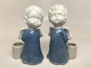 Vtg 2 Porcelain SINGING Choir ANGELS CANDLE HOLDERS Blue & White - Japan - Picture 1 of 4