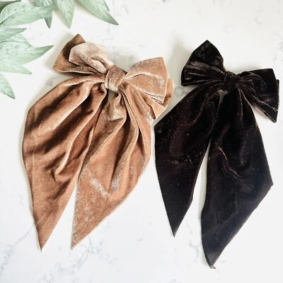 Giant Brown & Tan Velvet Bows Barrette Hair Bow Handmade Hair Accessories Large - Image 1 of 4