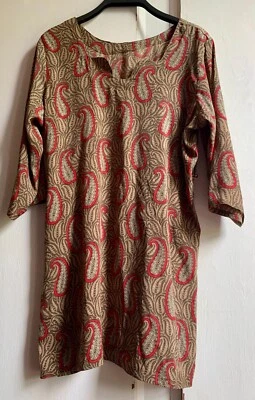 Kaftan Top Medium Brown Red Paisley Indian Block Print Silky Kurta - Image 1 of 4