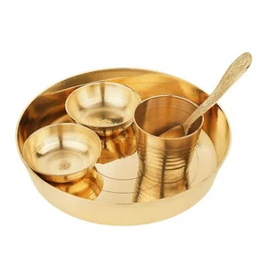 Brass Bhog Pooja Thali Plate set with 1 thali 2 Katori, 1 Glass, 1 Spoon us - Picture 1 of 3