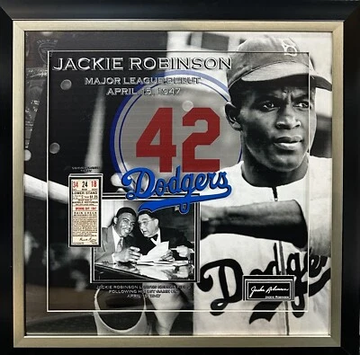 Jackie Robinson 3D Framed Photo Brooklyn Dodgers MLB Debut Ticket Facsimile Auto - Image 1 of 4