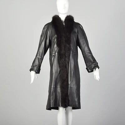 Abrigo M Negro Columpio Cuero Cuello Piel de Zorro Esmoquin Borde Largo Chaqueta De Colección Foto 1 de 4