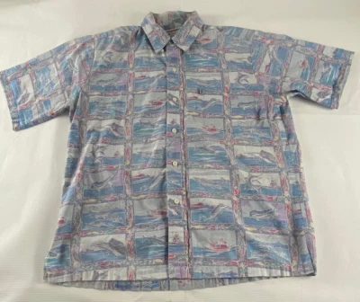 Camisa Kahala HRH Hawaiana Aloha Para Hombres Pesca Peces Azul Algodón Tropical Mediana Foto 1 de 4