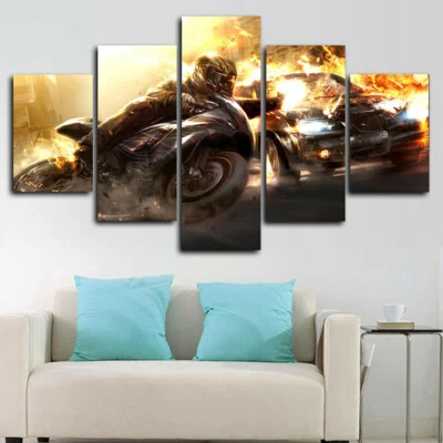 Cartel de arte de pared impresión en lienzo de 5 paneles acción carrera coche grande Vs bicicleta decoración del hogar Foto 1 de 4