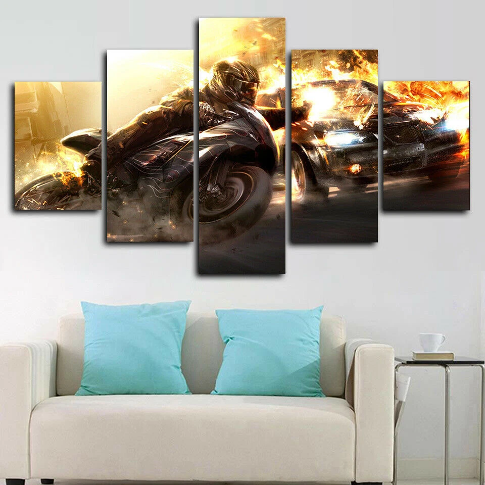 Cartel de arte de pared impresión en lienzo de 5 paneles acción carrera coche grande Vs bicicleta decoración del hogar Foto 1 de 4