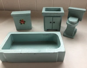 Muebles antiguos alemanes para casa de muñecas - Juego de baño - Fregadero/bañera/inodoro/manimper - Imagen 1 de 20