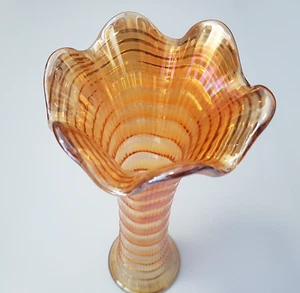 Carnival glass ribbed vase 1920s lustre orange red flared England 28cm antique - Picture 1 of 22