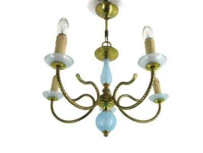  Opaline Baby Blue Brass Chandelier Hollywood regency Romantic 4 Arm Lights    - Image 1 of 4