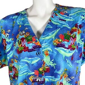 Just Cotton By Univogue Tropical Fish Dolphins Coral Reef XL Scrub Top