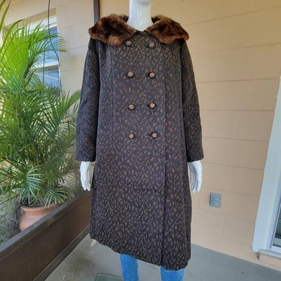 Rare Vintage Plus Size Elegant Brocade Coat Women 3XL Mink Collar Union Made USA - Image 1 of 4