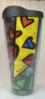 Vaso Tervis 24 OZ Romero Britto Corazones Taza Aislada con Tapa Negra Cubismo-Usado... Foto 1 de 4