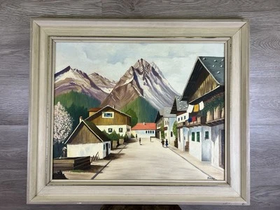 Pintura al óleo europea grande vintage pueblo alpino artista local 24,5 x 21 Foto 1 de 4