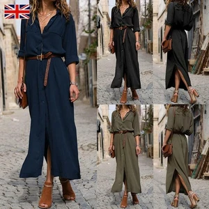 👗Womens V Shirt Dress Neck OL Belted Sleeve Dress Casual Ladies Long Work Midi - Picture 1 of 22