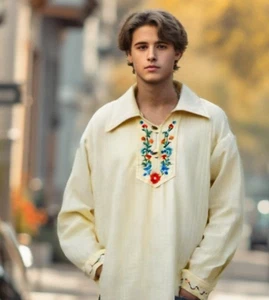 70er Jahre bestickt Hemd Kragen Herren X-Large Knebelknopf Pullover Vanille EUC - Bild 1 von 10