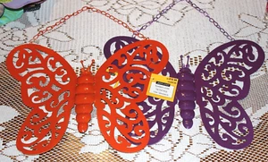 2 LOT METAL BUTTERFLIES ORANGE PURPLE ATTACHED CHAIN 13.5” HIGH x 11” WIDE + CHA - Picture 1 of 4