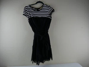PRINCESS VERA WANG Women's 7 Black & White 1/4 Sleeve Striped Belted Dress, Lace - Picture 1 of 7