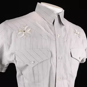 Monarchy Collection Men Beige Striped Western SS Shirt Embroidered Graphics Sz L - Picture 1 of 13
