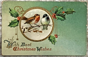 Mit besten Weihnachtswünschen Vögel & Stechpalme 1912 geprägte DB POSTKARTE B389 - Bild 1 von 3