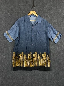 Quicksilver Mens Large Short Sleeve Button Up Shirt Blue Tribal Print Rayon - Picture 1 of 13