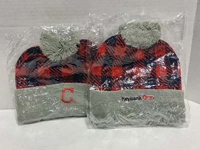 Lot Of 2 Cleveland Guardians Indians KeyBank Plaid Cuffed Winter Beanie Hat SGA - Image 1 of 4