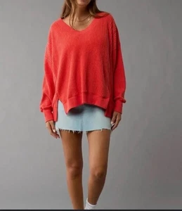 American Eagle Sweater Women's Medium Rust Orange Cotton Blend V-Neck Waffle - Picture 1 of 9