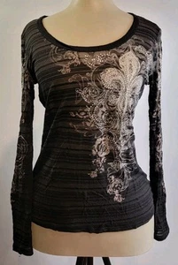 Womens Bling Iridescent Fleur-de-lis Sheer Longsleeve Tshirt Sz Small No Tags - Picture 1 of 13