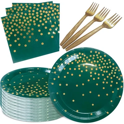 Platos de papel verde servilletas suministros de fiesta sirve 35 7 pulgadas oro verde oscuro Foto 1 de 4
