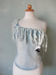 Morgan de toin Top Bluse Jeansstoff blau Fransen Rückenschnürung 38 M (T2) - Bild 1 von 5