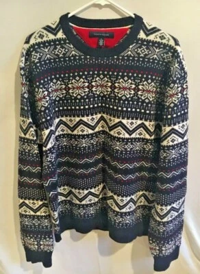 Men's Tommy Hilfiger Blue White Red Nordic Sweater Snowflake Size XL Lambswool - Image 1 of 3