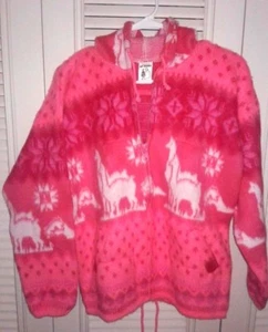 NEU KLEINER PFIRSICHFARBENER/WEISSER ALPAKA PULLOVER MIT DURCHGEHENDEM REISSVERSCHLUSS UND INCA-DESIGNS. HOODIE - Bild 1 von 5