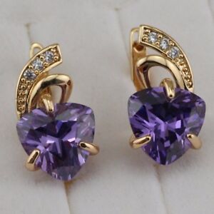 Sweet Heart Amethyst Purple Jewelry Yellow Golden Filled Huggie Earrings h2873