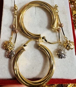 18K Fine Saudi Dubai UAE Real Gold 750 Women’s 2 Set Dangle & Hoops Earring 7g - Picture 1 of 19