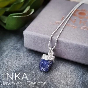 925 Sterling Silver Raw SAPPHIRE Necklace 16" CHAIN by INKA - Picture 1 of 5